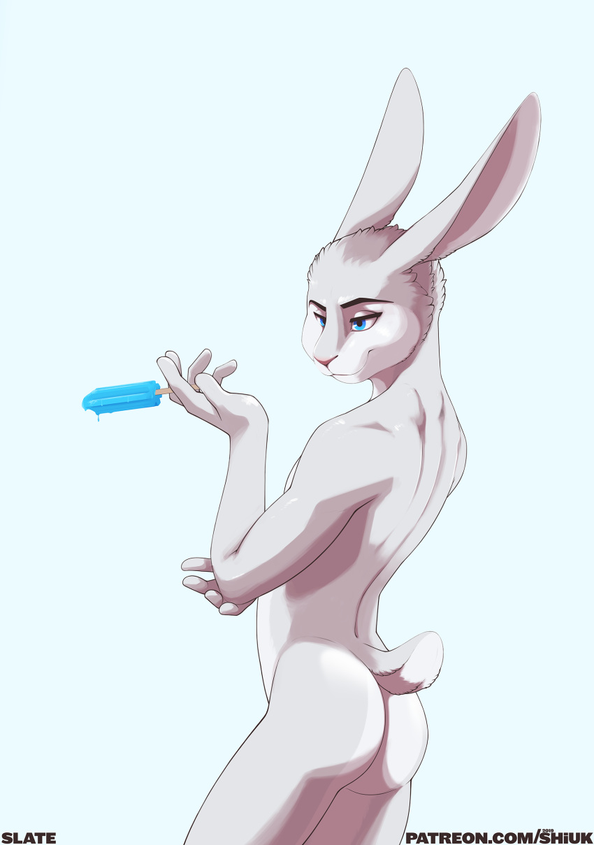 absurd_res anthro blue_eyes butt fur hi_res lagomorph leporid mammal nude rabbit shiuk simple_background solo