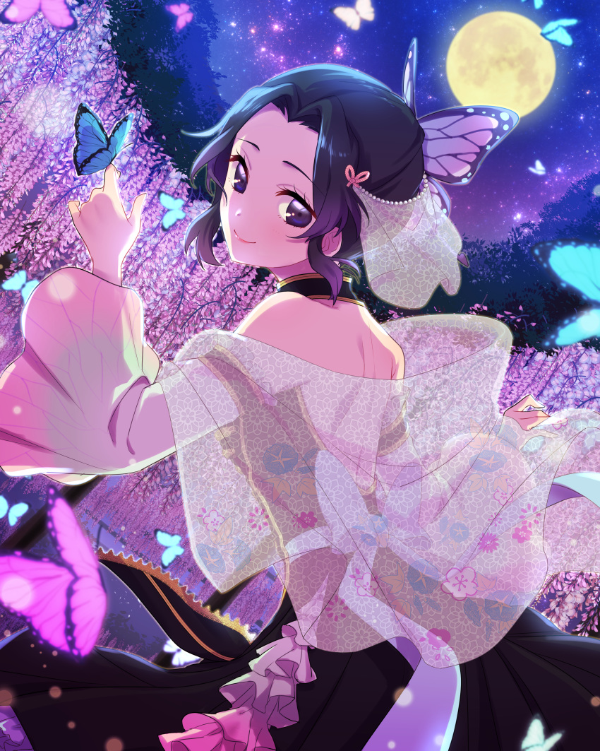 1girl absurdres backless_dress backless_outfit black_dress black_hair bug butterfly butterfly_hair_ornament butterfly_on_hand closed_mouth detached_sleeves dress flower from_side full_moon gradient_hair gradient_sleeves hair_ornament hako_(gyhujikolp) highres huge_filesize hydrangea insect kimetsu_no_yaiba kochou_shinobu lens_flare long_sleeves looking_at_viewer moon multicolored_hair night night_sky outdoors pink_flower pink_sleeves purple_eyes purple_hair sash short_hair shoulder_blades sky sleeveless sleeveless_dress smile solo standing star_(sky) starry_sky veil white_sleeves wide_sleeves