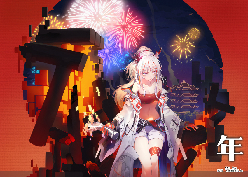 1girl 2020 :p absurdres arknights bandeau bangs bare_shoulders blush braid breasts character_name cleavage commentary_request copyright_name eyebrows_visible_through_hair feet_out_of_frame fireworks half_updo highres holding horns jacket long_hair long_sleeves looking_at_viewer medium_breasts midriff multicolored_hair navel nian_(arknights) off_shoulder open_clothes open_jacket red_background red_eyes short_shorts shorts sidelocks silver_hair smile solo stomach strapless streaked_hair thighs tongue tongue_out translated tubetop v-shaped_eyebrows white_jacket white_shorts wide_sleeves zipplin