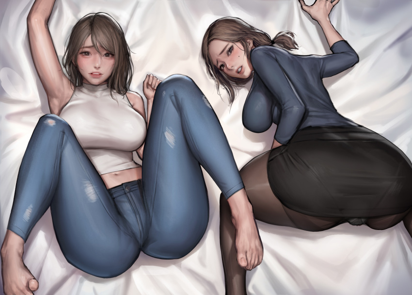 2girls absurdres ass barefoot black_eyes black_hair black_legwear breasts denim family feet highres jeans kidmo mother_and_daughter multiple_girls original oyakodon pants