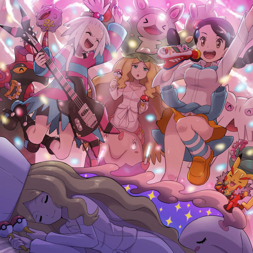 3girls :d abomasnow absurdres arm_up black_hair brown_eyes brown_hair cattleya_(pokemon) chestnut_mouth clothes_around_waist cosplay_pikachu dreaming gen_1_pokemon gen_5_pokemon glowstick guitar hair_ornament hairclip highres holding holding_microphone homika_(pokemon) instrument jacket_around_waist jumping koffing long_hair maracas microphone multiple_girls munna music open_mouth pink_eyes playing_instrument pokemoa pokemon pokemon_(creature) pokemon_(game) pokemon_bw reuniclus scolipede shirt shoes sleeping smile socks striped striped_legwear striped_shirt suzuna_(pokemon) tambourine twintails white_hair white_headwear yellow_eyes