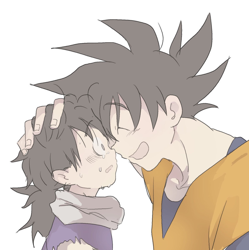 2boys :d ^_^ black_eyes black_hair close-up closed_eyes crying crying_with_eyes_open dougi dragon_ball dragon_ball_z eyebrows_visible_through_hair face father_and_son fingernails forehead-to-forehead from_side hand_on_another's_head highres looking_at_another male_focus messy_hair multiple_boys noses_touching open_mouth parted_lips profile sad shirt simple_background smile son_gohan son_gokuu spiked_hair tears torn_clothes torn_shirt upper_body white_background wide-eyed yukke_(cocorikokke)