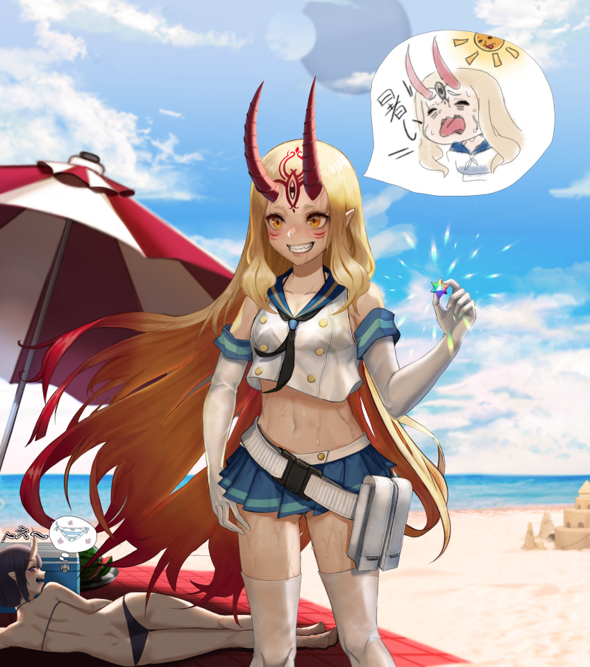 2girls ^_^ absurdres ass bare_legs bare_shoulders barefoot beach beach_mat beach_umbrella belt bikini black_bikini black_neckwear blonde_hair blue_sailor_collar blue_skirt blue_sky closed_eyes cloud collarbone commentary_request cooler cosplay crop_top day elbow_gloves facial_mark fate/grand_order fate_(series) feet_out_of_frame forehead_mark from_behind gloves grin hand_up highres holding horns huge_filesize ibaraki_douji_(fate/grand_order) kantai_collection long_hair looking_at_viewer looking_back lying microskirt midriff multiple_girls navel neckerchief on_side oni oni_horns open_mouth outdoors pleated_skirt pointy_ears pouch profile pumpkin_king purple_hair sailor_collar sailor_shirt saint_quartz sand_castle sand_sculpture shimakaze_(kantai_collection) shimakaze_(kantai_collection)_(cosplay) shirt shuten_douji_(fate/grand_order) sidelocks skirt sky sleeveless sleeveless_shirt smile standing stellated_octahedron stomach sun sweat swimsuit thighhighs thighs tongue tongue_out translation_request umbrella very_long_hair water white_belt white_gloves white_legwear white_shirt yellow_eyes zettai_ryouiki