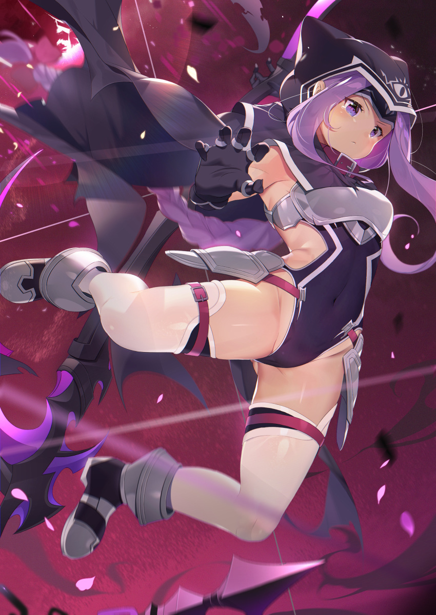 1girl absurdres black_cape black_gloves boots braid breasts cape covered_navel fate/grand_order fate_(series) gloves highres holding holding_weapon hood hood_up huge_filesize leotard long_hair medusa_(lancer)_(fate) nayuta_(una) purple_eyes purple_hair rider sidelocks single_braid small_breasts smile thighhighs very_long_hair weapon