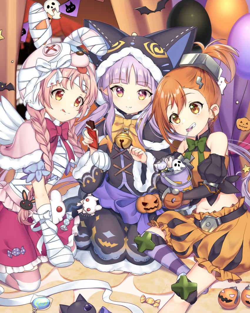 3girls :q absurdres akane_mimi animal_ears animal_hat animal_hood balloon bandaged_arm bandaged_hands bandages bangs bare_shoulders bell black_capelet black_gloves black_jacket black_skirt black_sleeves blurry blurry_background blush bow braid brown_bow brown_eyes brown_hair bunny_ears bunny_hair_ornament bunny_hat candy capelet cat_ears cat_hood chocolate chocolate_bar closed_mouth commentary_request depth_of_field detached_sleeves elbow_gloves eyebrows_visible_through_hair fake_animal_ears fang fang_out food food_in_mouth frilled_skirt frills fur-trimmed_capelet fur-trimmed_hood fur-trimmed_skirt fur-trimmed_sleeves fur_trim gloves hair_between_eyes hair_ornament hat highres hikawa_kyoka hodaka_misogi holding holding_food hood hood_up hooded_capelet jack-o'-lantern jacket jingle_bell ken_pyatsu lightning_bolt lightning_bolt_hair_ornament lollipop long_hair long_sleeves multiple_girls orange_shorts pennant pink_capelet pink_hair pink_skirt princess_connect! princess_connect!_re:dive puffy_short_sleeves puffy_shorts puffy_sleeves purple_bow purple_hair red_bow shirt short_shorts short_sleeves shorts side_ponytail single_thighhigh skirt sleeveless sleeveless_shirt smile string_of_flags striped striped_legwear swirl_lollipop thighhighs tongue tongue_out twin_braids twintails very_long_hair wide_sleeves
