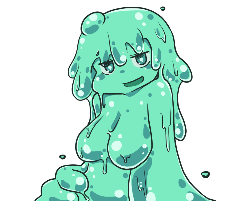 1girl breasts commentary_request goo_girl green_eyes highres ishuzoku_reviewers large_breasts long_hair lymee monster_girl nude open_mouth simple_background slime solo subata white_background