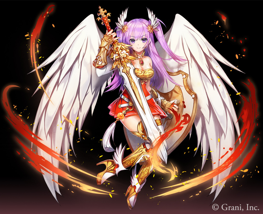 applecaramel_(acaramel) armor black boots breasts cleavage dress fire gradient kurokishi_to_shiro_no_maou long_hair purple_eyes purple_hair sword thighhighs twintails weapon wings zettai_ryouiki