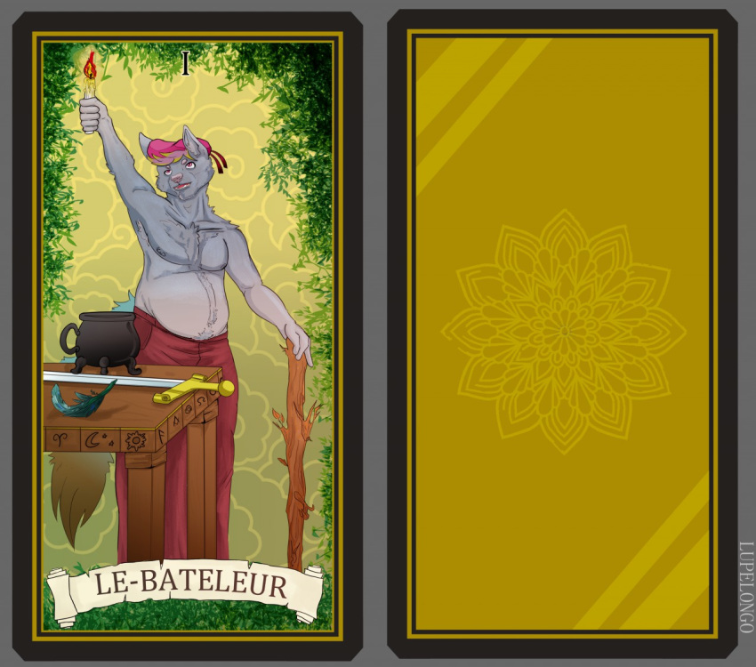 2020 belly candle card clothing cloud digital_media_(artwork) forest fortune_telling hat headgear headwear holding_object lupelongo magic_user magician male mammal medieval melee_weapon nipples open_mouth outside simple_background solo staff sword tarot tarot_card tree weapon witch