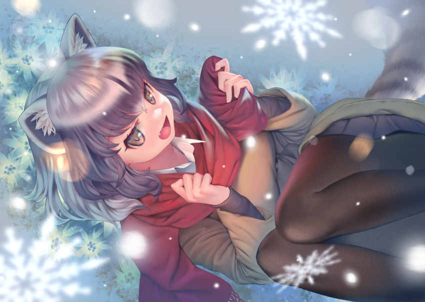 1girl :d animal_ear_fluff animal_ears black_hair black_legwear brown_eyes coat commentary common_raccoon_(kemono_friends) fang grey_hair kemono_friends knees_up looking_at_viewer lying medium_hair mifu_(b24vc1) multicolored_hair on_back open_mouth pantyhose raccoon_ears raccoon_tail scarf skirt smile snowflakes snowing solo tail twisted_torso white_hair winter