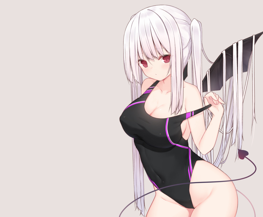 blush breasts cleavage demon erect_nipples gray long_hair mm2k original red_eyes skintight swimsuit tail twintails white_hair wings