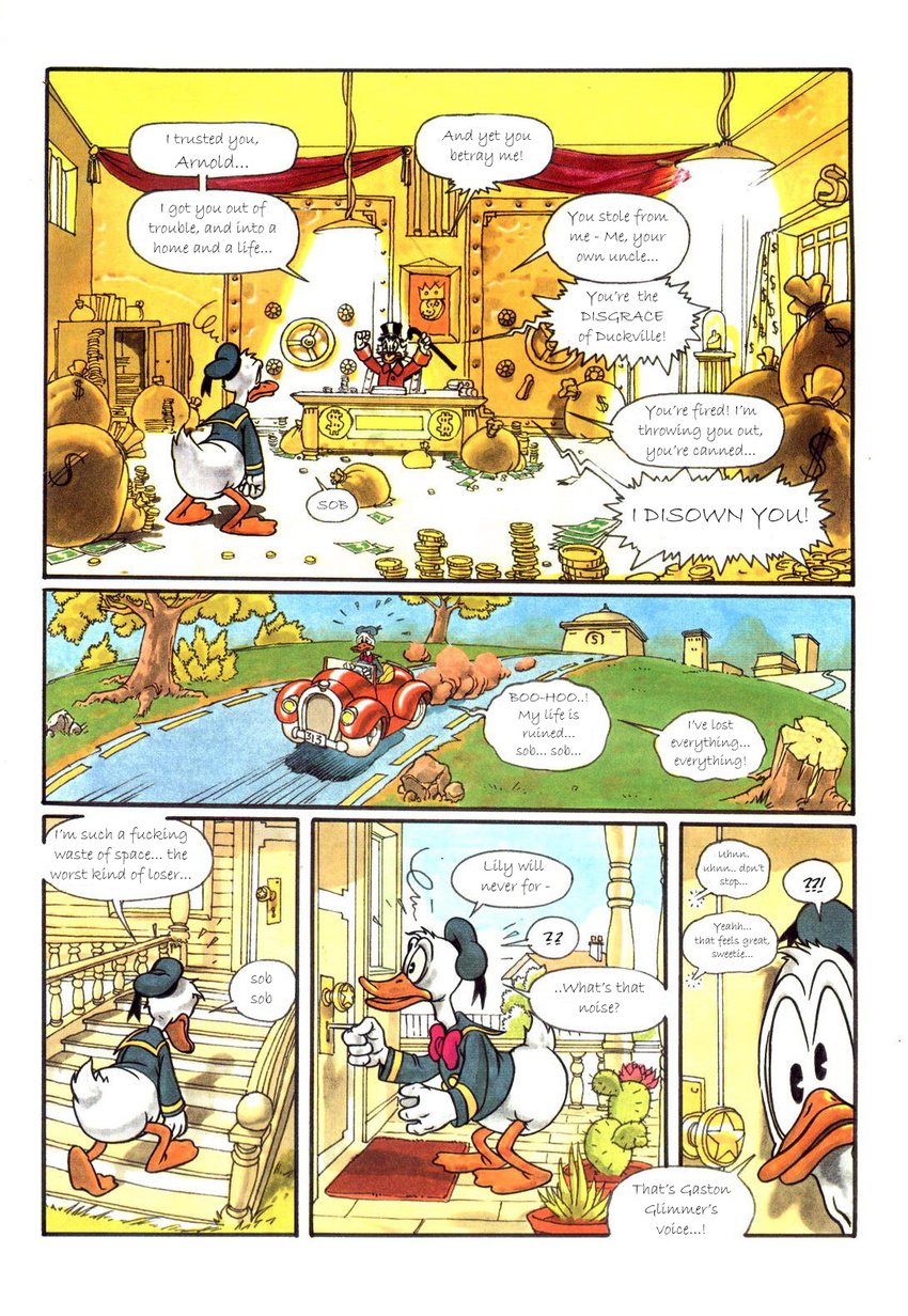 angry avian bag bird building cactus cane car comic dialog disney donald_duck door duck duo english_text gold_coins group hat key male sad scrooge_mcduck text top_hat tree unknown_artist vault