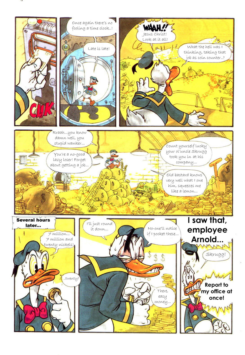 avian bag bird clothing comic dialog disney donald_duck duck english_text gold gold_coins grin inside male money sitting solo text unknown_artist vault