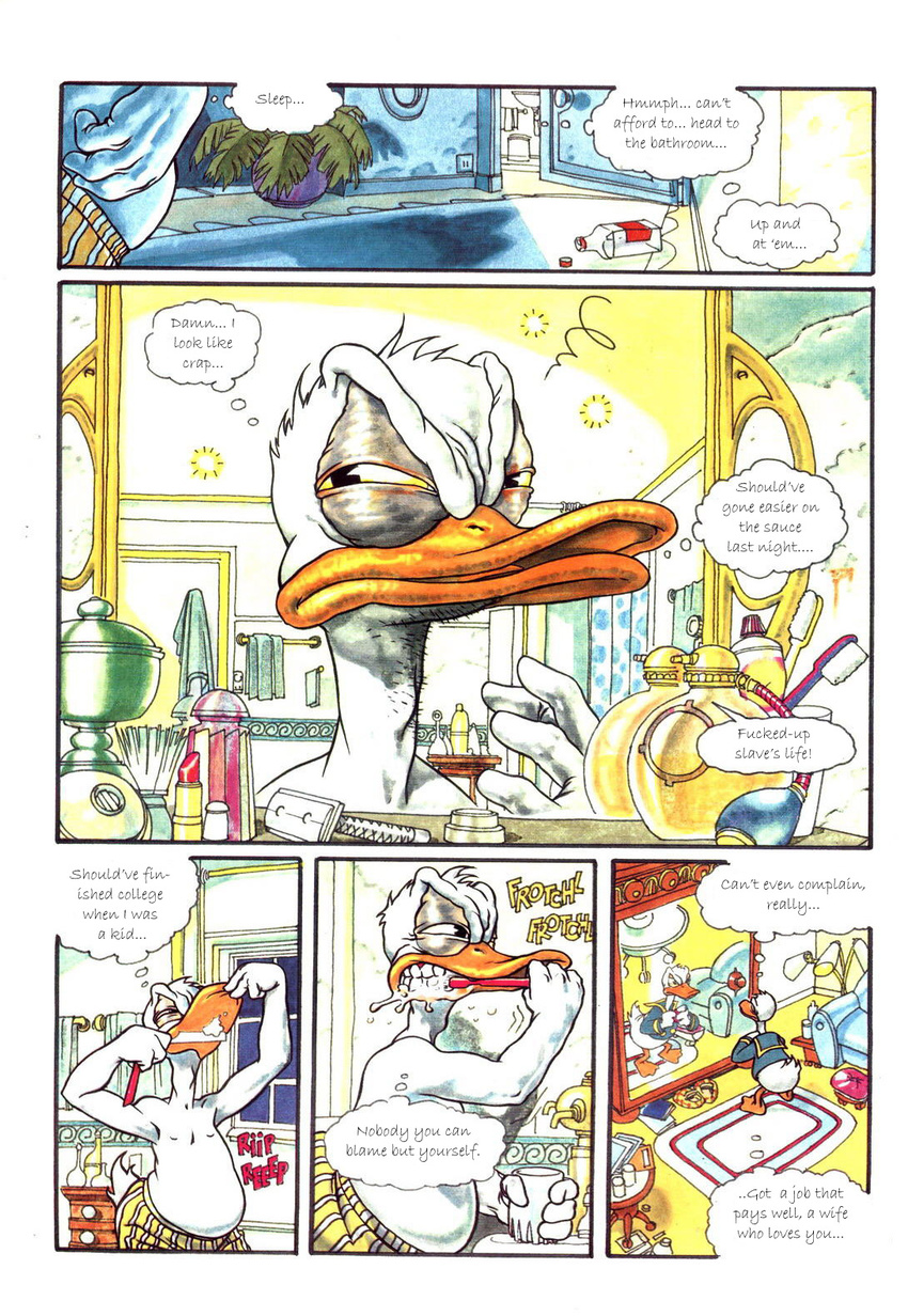 avian beard bird bottle chubby clothing comic cup dialog disney donald_duck duck english_text facial_hair inside male mirror nipples razor reflection shaving sofa solo teeth text toothbrush unknown_artist