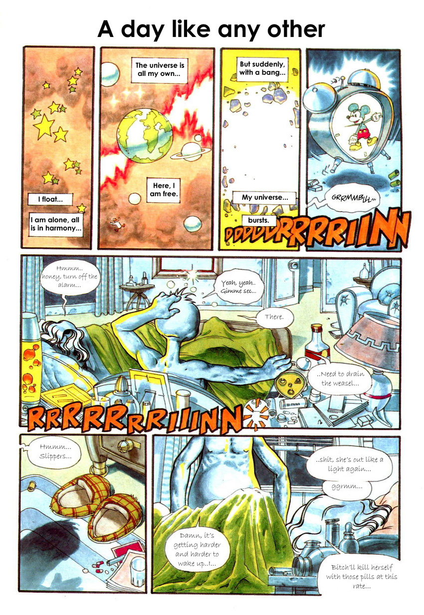 alarm_clock avian bed bedroom bird bottle chair comic couple daisy_duck disney donald_duck duck duo english_text explosion female inside lava_lamp male medicines mickey_mouse plant slipper text unknown_artist