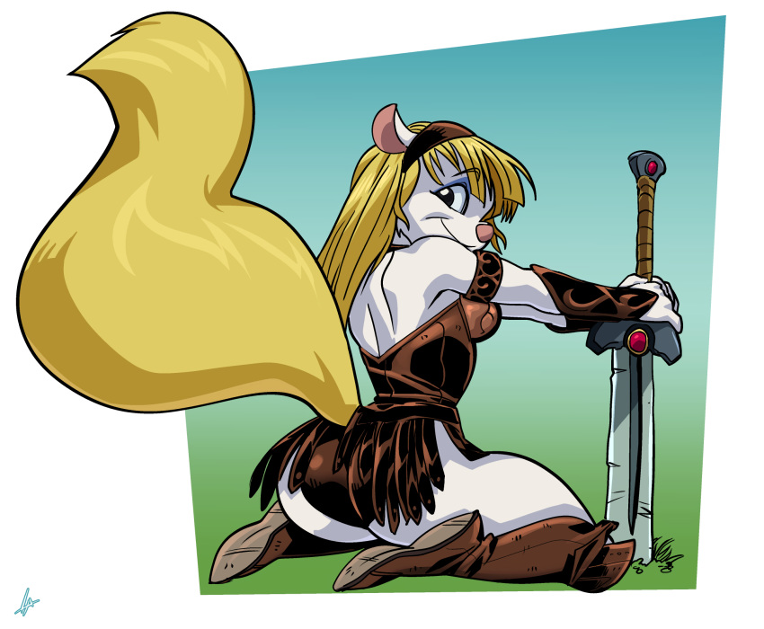 accessory animaniacs anthro armor blonde_hair boots butt clothing cosplay crossover crossover_cosplay eyeshadow female footwear fur hair hair_accessory hairband hi_res leather leather_armor liefeldianabomination makeup mammal melee_weapon minerva_mink mink mustelid musteline rear_view sword warner_brothers weapon white_body white_fur xena_warrior_princess