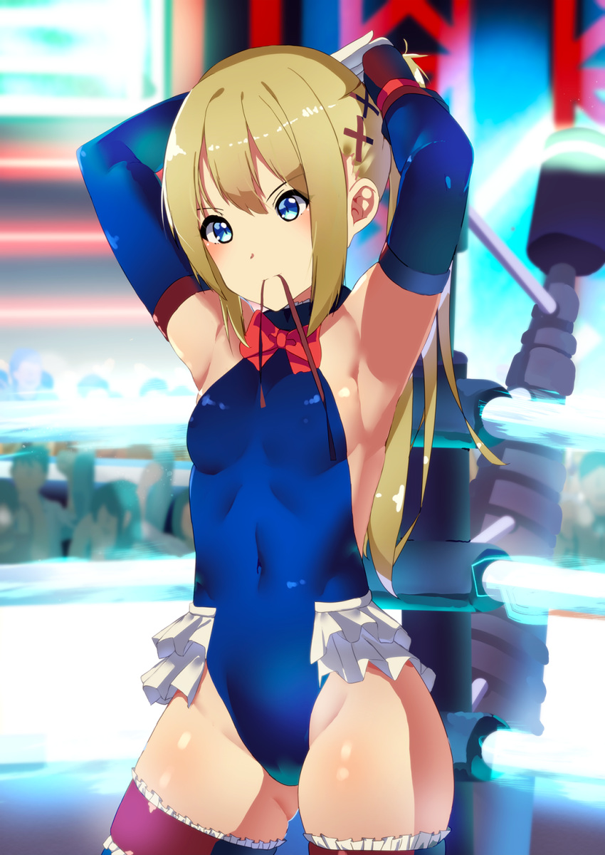 1girl armpits arms_up black_ribbon blonde_hair blue_eyes blue_legwear blue_leotard breasts covered_navel dead_or_alive dead_or_alive_5 elbow_gloves frilled_leotard frills gloves hair_ornament hair_ribbon highres leotard long_hair looking_at_viewer marie_rose nishisan_(mikurosu) ribbon shiny shiny_hair shiny_skin small_breasts solo standing twintails x_hair_ornament