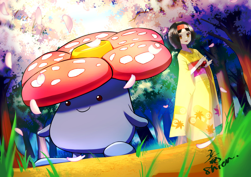 absurdres black_hair cherry_blossoms erika_(pokemon) forest grass hairband highres homika_(pokemon) huge_filesize japanese_clothes kimono nature poke_ball pokemon pokemon_(game) shien_(tatunokoshien00) smile vileplume