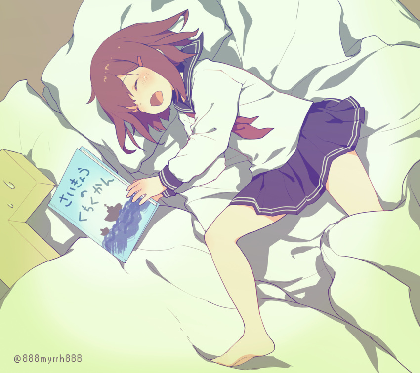 1girl 1other 888myrrh888 barefoot bed_sheet blush book brown_hair commentary fang hair_ornament hairclip ikazuchi_(kantai_collection) kantai_collection long_sleeves lying neckerchief open_mouth pleated_skirt sailor_collar school_uniform serafuku short_hair skirt sleeping t-head_admiral translated twitter_username