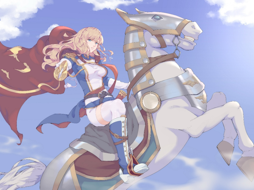belt blonde_hair blue_eyes boots cape cloud commentary_request epaulettes horse kamkac long_hair looking_at_viewer red_cape richelieu_(warship_girls_r) riding sheath sky sword warship_girls_r weapon