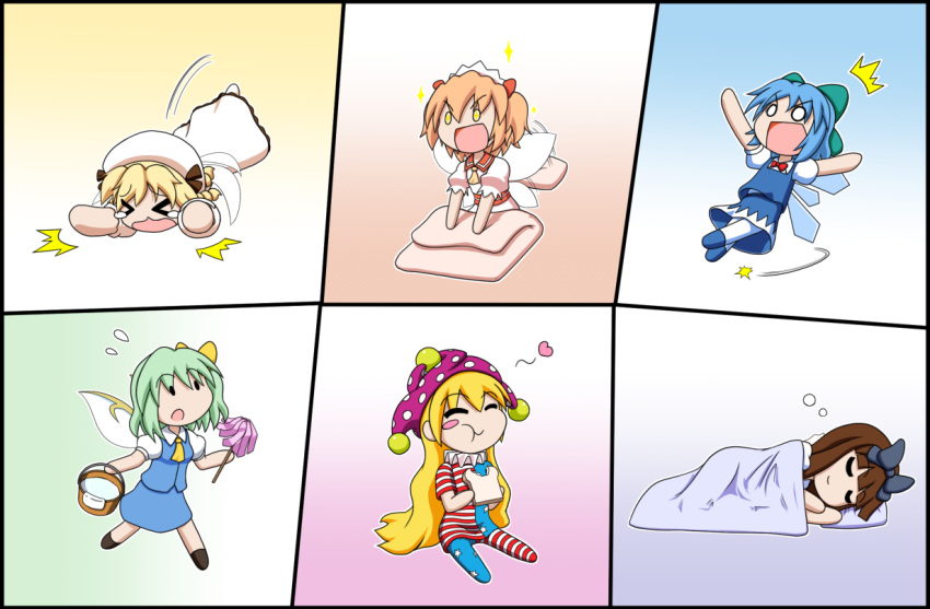 &gt;_&lt; +_+ /\/\/\ 6+girls :t =_= american_flag_legwear american_flag_shirt apron bangs beret blanket blonde_hair blue_dress blue_footwear blue_hair blue_skirt blue_vest blunt_bangs bow bowtie brown_hair bucket bucket_of_water chestnut_mouth chibi cirno clownpiece cravat daiyousei dress drill_hair duster eating eighth_note fairy_wings falling flying_sweatdrops futon green_hair hair_bow hair_ribbon hand_on_own_chin hand_on_own_forehead hands_in_hair hands_on_hips hands_on_own_face hat headdress heart holding holding_bucket holding_duster jester_cap long_hair looking_down luna_child mary_janes multiple_girls musical_note open_mouth pantyhose pillow pinafore_dress puffy_short_sleeves puffy_sleeves rakugaki-biyori red_hair red_neckwear red_shirt red_skirt ribbon shirt shoes short_hair short_sleeves side_ponytail sitting skirt sleeping slice_of_bread smile solid_oval_eyes sparkle split_screen standing star_sapphire sunny_milk tears touhou two_side_up under_covers very_long_hair vest waist_apron walking white_dress white_headwear white_legwear white_shirt wings yellow_neckwear