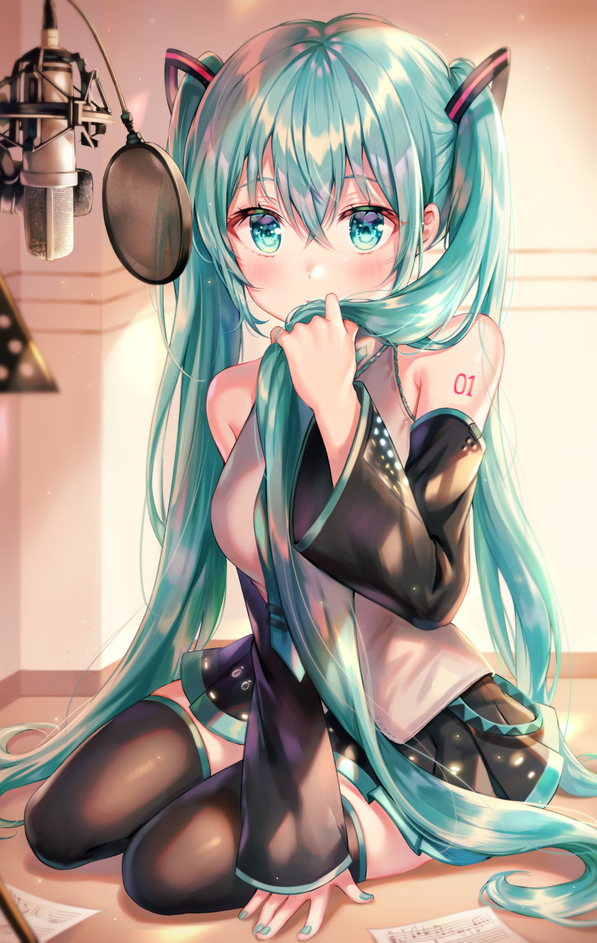 1girl absurdres aqua_eyes aqua_hair aqua_nails aqua_neckwear bare_shoulders belt black_legwear black_skirt black_sleeves blush commentary detached_sleeves full_body grey_shirt hair_ornament hand_on_ground hatsune_miku highres holding holding_hair indoors long_hair looking_at_viewer microphone miniskirt music_stand nail_polish necktie pleated_skirt room sheet_music shirt shoulder_tattoo sitting skirt sleeveless sleeveless_shirt solo tattoo thighhighs tokkyu twintails very_long_hair vocaloid yokozuwari zettai_ryouiki