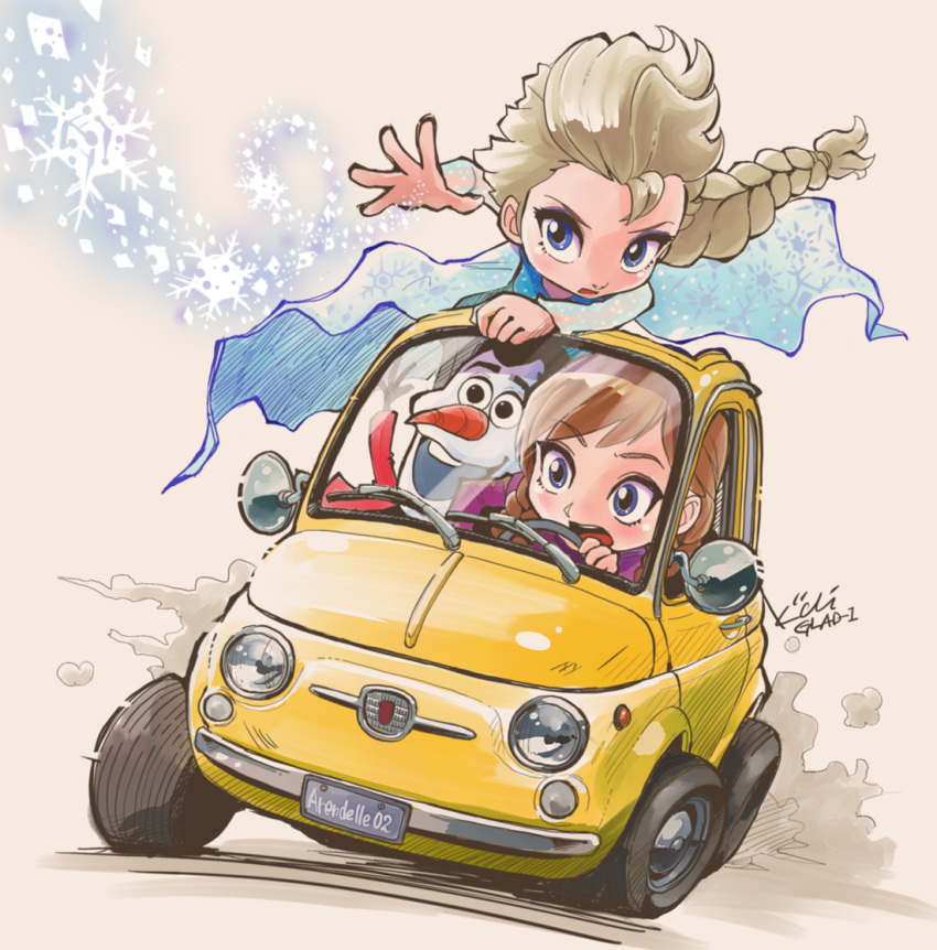 2girls anna_(frozen) beige_background blonde_hair blue_eyes braid brown_hair car commentary_request driving elsa_(frozen) eyebrows_visible_through_hair fiat fiat_500 frozen_(disney) ground_vehicle kiichi long_hair lupin_iii motor_vehicle multiple_girls olaf_(frozen) open_mouth parody siblings simple_background single_braid sisters snowflakes