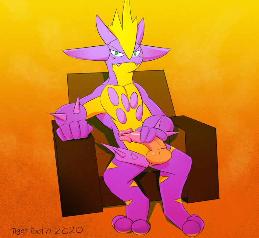 2020 3_toes amped_toxtricity anthro balls big_balls big_penis blush chair digital_media_(artwork) electric_type erection furniture genitals hair hi_res humanoid_penis looking_at_viewer male narrowed_eyes nintendo nude penis pok&eacute;mon pok&eacute;mon_(species) purple_body scalie seductive simple_background sitting smile solo spikes tigertooth toes toxtricity video_games