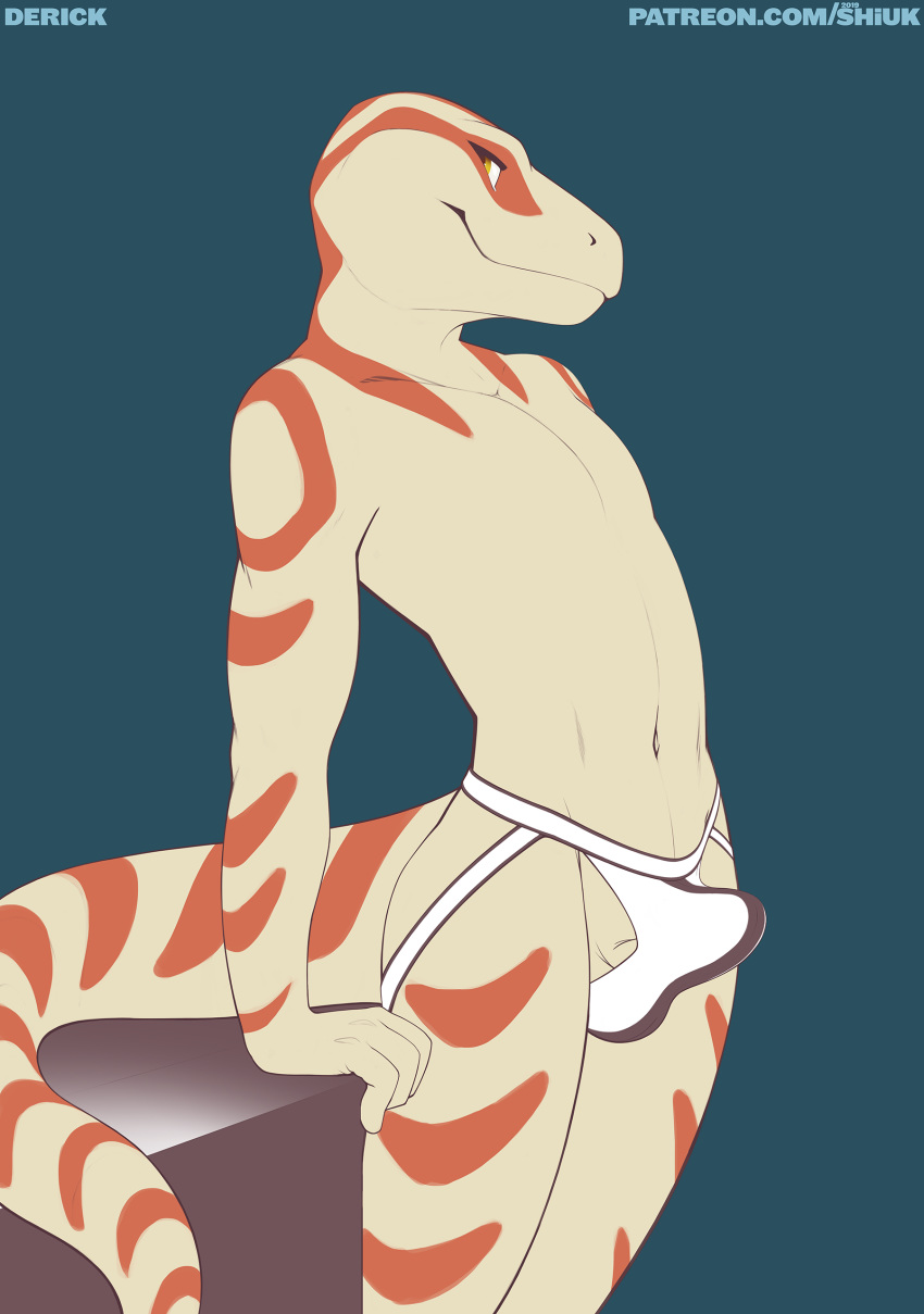 absurd_res anthro clothed clothing erection erection_under_clothing genitals hi_res jockstrap male navel penis scalie shiuk simple_background smile solo topless underwear