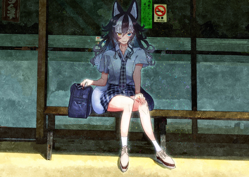 1girl absurdres alternate_costume animal_ears bag bench black_hair blue_eyes blush brown_eyes checkered checkered_neckwear closed_mouth collarbone collared_shirt day duffel_bag eyebrows_visible_through_hair grey_wolf_(kemono_friends) heterochromia highres huge_filesize kemono_friends long_hair looking_at_viewer necktie outdoors ponta_(matsuokazieg) shade shirt sitting smile solo tail white_hair white_shirt wolf_ears wolf_tail