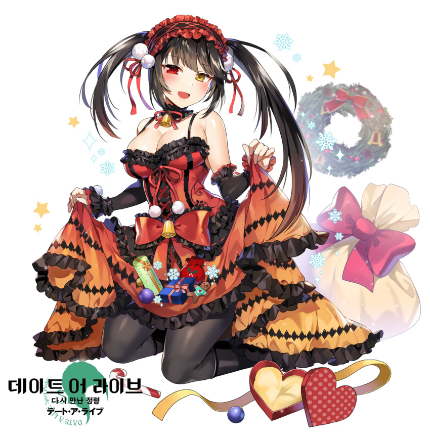 1girl :d bare_shoulders black_hair black_legwear blush boots breasts cleavage clock_eyes date_a_live dress dress_lift gijang gradient_dress hairband heterochromia highres knee_boots kneeling large_breasts lolita_fashion lolita_hairband long_hair looking_at_viewer open_mouth orange_dress pantyhose red_dress red_eyes ribbon smile solo symbol-shaped_pupils tokisaki_kurumi twintails yellow_dress yellow_eyes