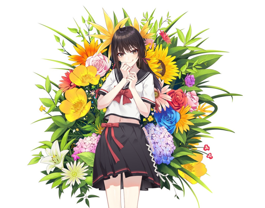 black_hair bow brown_eyes cropped flowers ge_zhong_kuaile leaves long_hair navel original ribbons rose school_uniform skirt sunflower twintails white