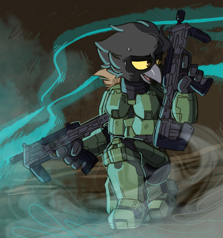 2020 armor avian bird black_body black_fur bodily_fluids clean_sketch colored_sketch crownedvictory disheveled fog fur gun halo_(series) hi_res invalid_tag light male master_chief microsoft owl ranged_weapon shaded_sketch sketch solo submachine_gun sweat video_games weapon xbox_game_studios