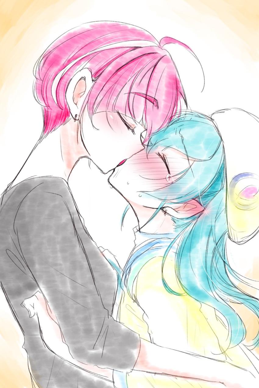 2girls ahoge aqua_hair beret black_shirt blush commentary commentary_request earrings eyebrows_visible_through_hair french_kiss from_side full-face_blush gradient gradient_background hair_between_eyes hat heart heart_print height_difference highres hoshina_hikaru hug jacket jewelry kiss long_hair multicolored_hair multiple_girls noyuki1204 older orange_background pink_hair pointy_ears precure shirt short spoilers star_twinkle_precure streaked_hair sweat tears tiptoe_kiss tiptoes tongue upper_body yellow_headwear yellow_jacket yuri