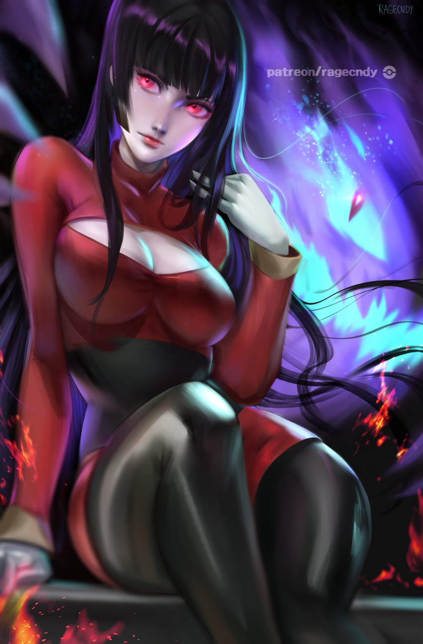 1girl arm_support bangs black_hair black_legwear blunt_bangs breasts cleavage cleavage_cutout dress gloves gym_leader haunter highres impossible_clothes large_breasts long_hair looking_at_viewer natsume_(pokemon) pantyhose pokemon ragecndy short_dress sitting smile