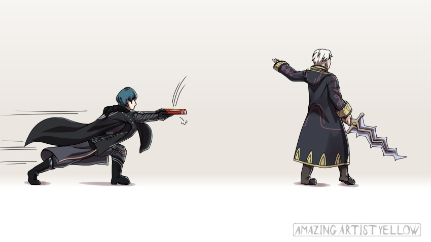 2boys amazingartistyellow arm_up artist_name black_coat black_footwear black_gloves blue_hair book boots byleth_(fire_emblem) byleth_(fire_emblem)_(male) catching fire_emblem fire_emblem:_three_houses fire_emblem_awakening from_behind full_body gloves highres holding holding_sword holding_weapon hood hood_down hooded_coat jacket_on_shoulders knee_boots levin_sword long_sleeves male_focus motion_lines multiple_boys outstretched_arms pink_background robin_(fire_emblem) robin_(fire_emblem)_(male) silver_hair speed_lines standing super_smash_bros. sword throwing weapon