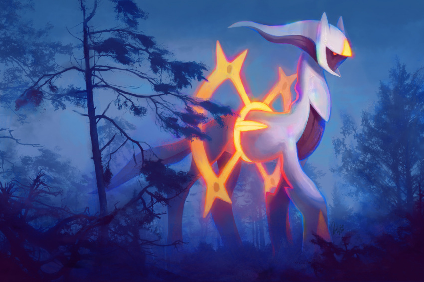 2020 ambiguous_gender arceus detailed_background digital_media_(artwork) feral forest legendary_pok&eacute;mon night nintendo outside pok&eacute;mon pok&eacute;mon_(species) solo tamberella tree video_games