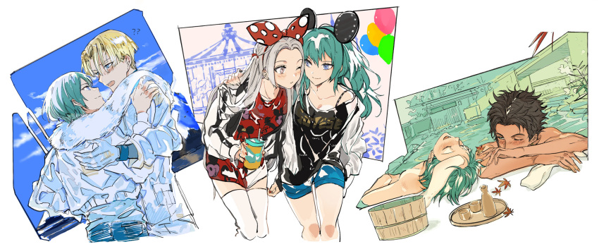 2girls 3boys alcohol balloon blonde_hair blue_eyes blue_sky bottle brown_hair byleth_(fire_emblem) byleth_(fire_emblem)_(female) byleth_(fire_emblem)_(male) claude_von_riegan dark_skin dark_skinned_male dimitri_alexandre_blaiddyd disneyland edelgard_von_hresvelg eye_contact fire_emblem fire_emblem:_three_houses green_hair highres indoors leaf looking_at_another minnie_mouse_ears multiple_boys multiple_girls one_eye_closed onsen purple_eyes sake sake_bottle short_shorts shorts sky suou thighhighs towel white_hair yaoi yuri