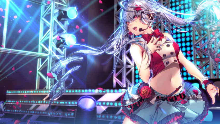 1girl :d ahoge bangs blue_nails blue_skirt crop_top domco floating_hair hair_between_eyes hair_ornament headset highres idol layered_skirt long_hair microphone midriff miniskirt nail_polish navel open_mouth original pleated_skirt red_eyes silver_hair skirt smile solo sparkle spotlight stage star star_hair_ornament stomach twintails very_long_hair wrist_cuffs