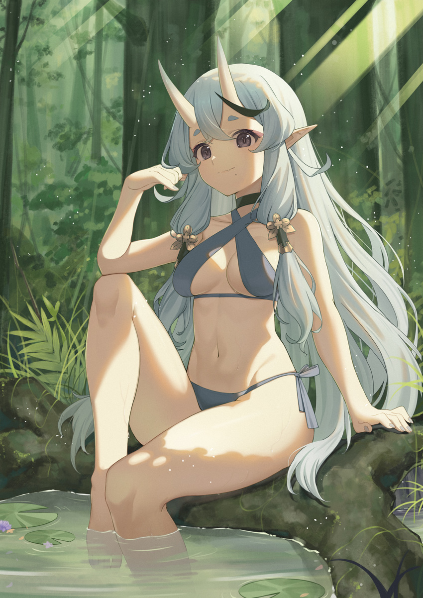 1girl bare_arms bare_shoulders barefoot baseness bikini black_eyes breasts choker collarbone criss-cross_halter fang forest grey_bikini hair_ornament halterneck hand_up highres knee_up light_rays lily_pad long_hair looking_at_viewer medium_breasts mole mole_under_mouth multicolored_hair nature navel nijisanji oni_horns plant pointy_ears rindou_mikoto side-tie_bikini silver_hair sitting solo stomach streaked_hair sunbeam sunlight swimsuit thighs very_long_hair virtual_youtuber water wet