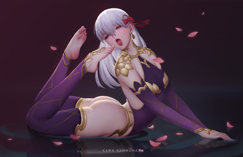 ass barefoot board_game chaos_(pixiv3726393) collar dress earrings fate/grand_order fate_(series) feet foot_licking go hair_ribbon highres jewelry kama_(fate/grand_order) licking licking_self looking_back lying metal_collar on_stomach open_mouth pink_ribbon purple_dress purple_legwear red_eyes red_ribbon ribbon ring saliva saliva_trail silver_hair soles thighs toenails toes