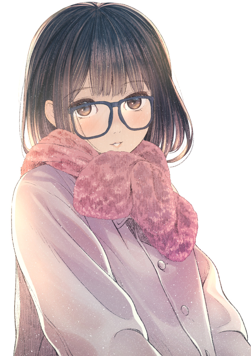 1girl bangs brown_eyes brown_hair coat commentary_request enpera eyelashes furai glasses highres long_sleeves looking_at_viewer original parted_lips pink_scarf scarf simple_background smile solo upper_body white_background winter_clothes