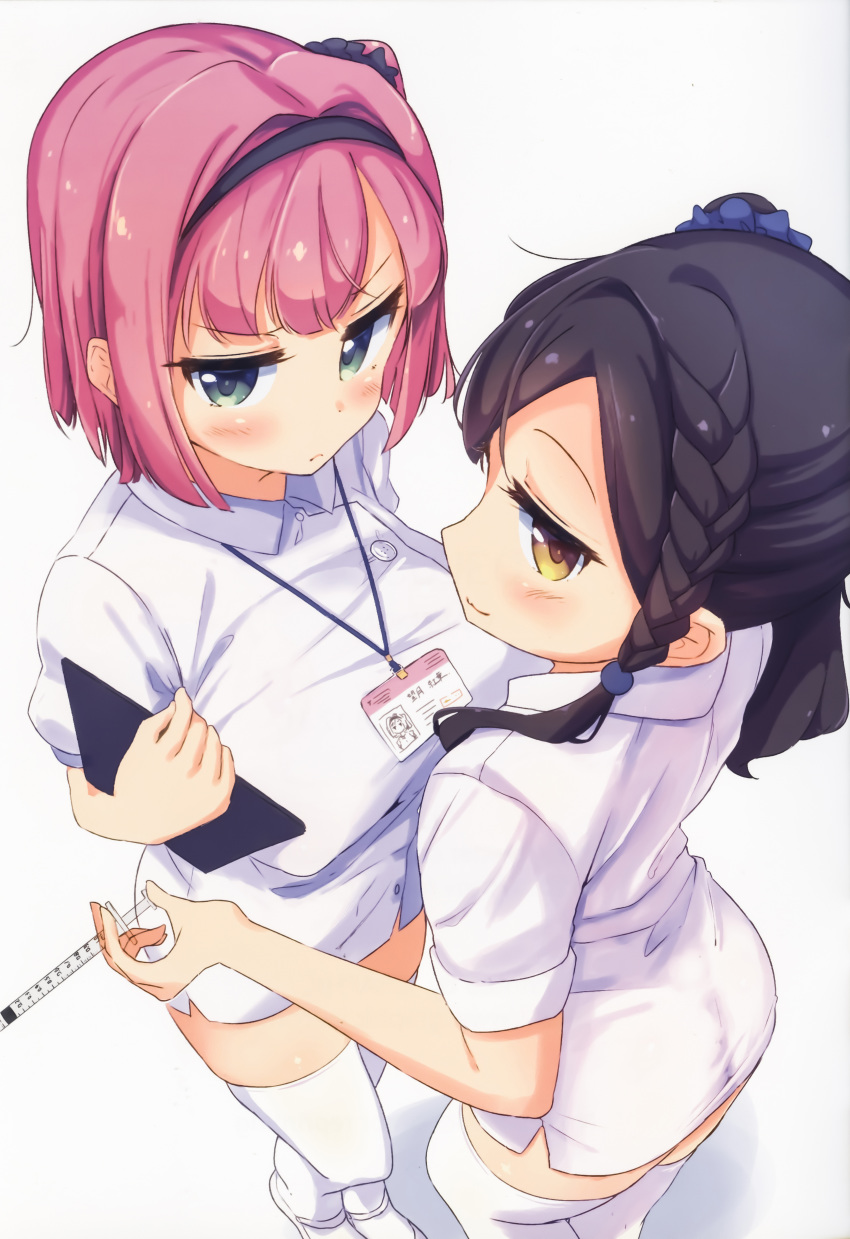 2girls absurdres ass black_hair blush braid breasts closed_mouth eyebrows_visible_through_hair from_above green_eyes hair_ornament hair_ribbon hairband highres huge_filesize large_breasts looking_at_viewer looking_up mochizuki_momiji multiple_girls narumi_tsubame new_game! nitro_(mugityaoisii) nurse red_hair ribbon scan shiny shiny_hair short_hair simple_background smile standing thighhighs white_background white_legwear