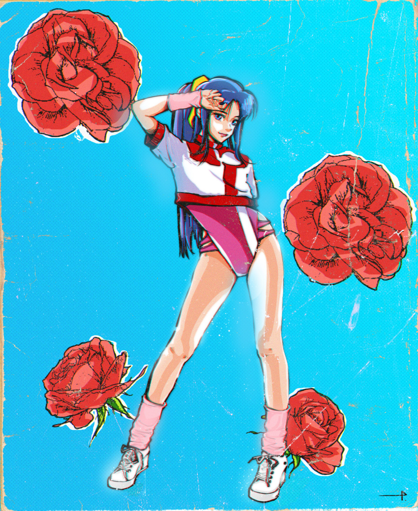 1980s_(style) 1girl amano_kazumi blue_hair flower gainax gainaxtop gunbuster gunbuster_pose hair_ornament highres lips long_hair oldschool ponytail rose sergey_orlov shoes socks top_wo_nerae!