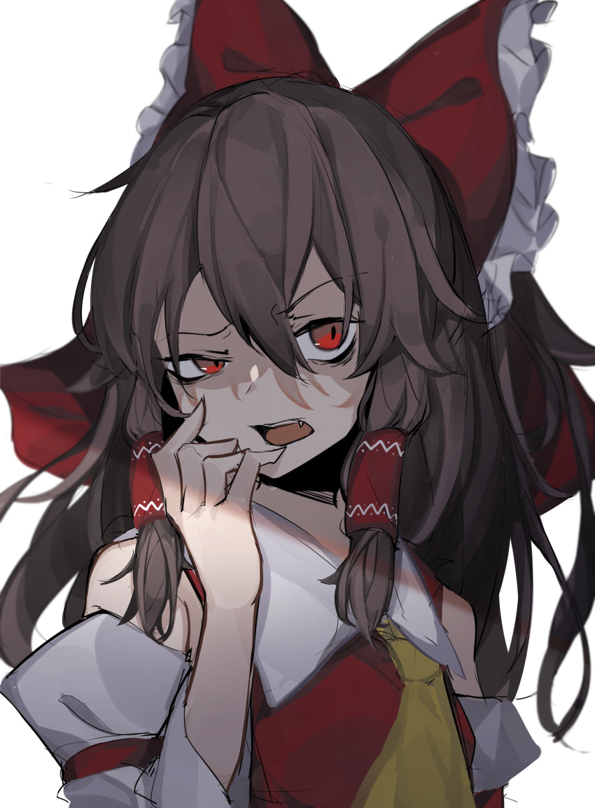 1girl absurdres bow brown_hair cravat detached_sleeves eyebrows eyebrows_visible_through_hair fang finger_to_mouth frilled_shirt frills gesugao hair_tubes hakurei_reimu highres hisha_(kan_moko) long_hair looking_at_viewer multicolored_hair open_eyes open_mouth red_ribbon red_shirt ribbon shirt simple_background solo teeth touhou white_background wide_sleeves