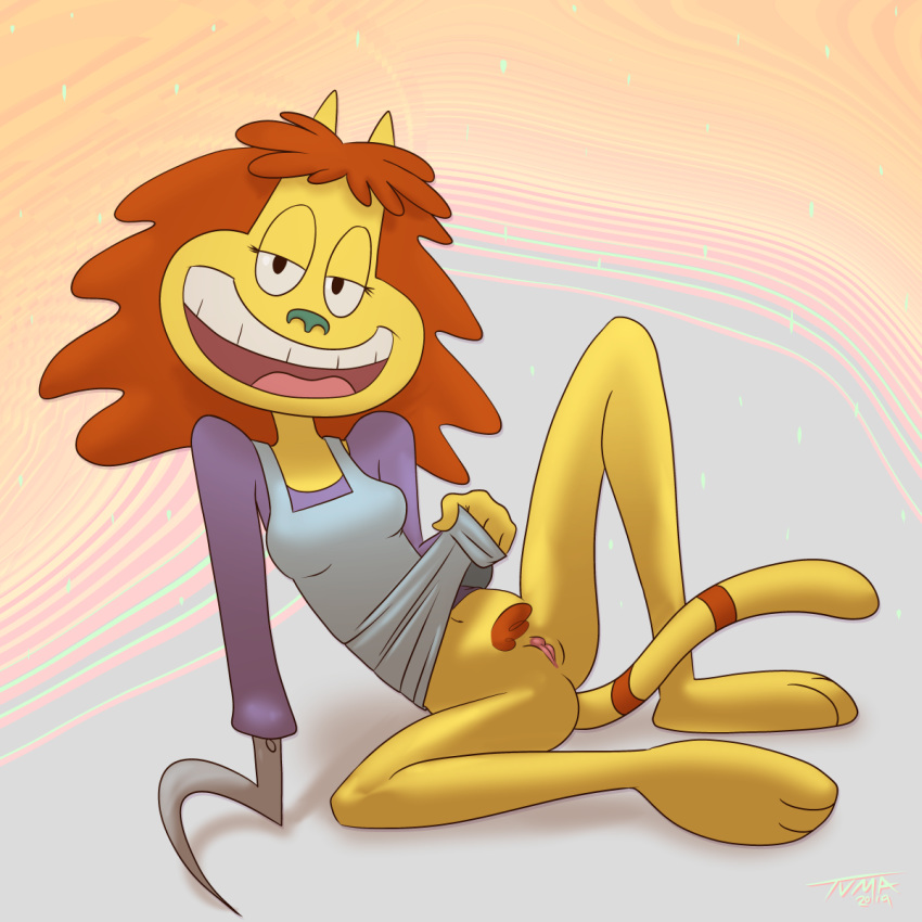 1:1 anthro breasts clothed clothing domestic_cat dr._hutchison felid feline felis female genitals hair half-closed_eyes hi_res hook_hand mammal narrowed_eyes navel nickelodeon open_mouth prosthetic pubes pussy red_hair rocko's_modern_life smile solo spread_legs spreading tvma