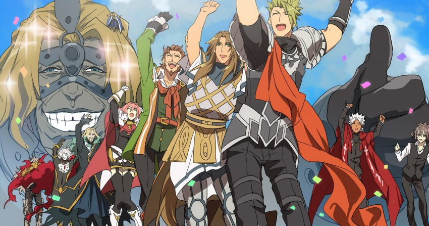 6+boys achilles_(fate) amakusa_shirou_(fate) armor arms_up astolfo_(fate) avicebron_(fate) blonde_hair carnival_phantasm chiron_(fate) dancing fate/apocrypha fate_(series) grey_skin karna_(fate) mask multiple_boys no-kan parody priest queue sieg_(fate/apocrypha) siegfried_(fate) sitting_on_shoulder skirt sky smile spartacus_(fate) stole style_parody thumbs_up vlad_iii_(fate/apocrypha)