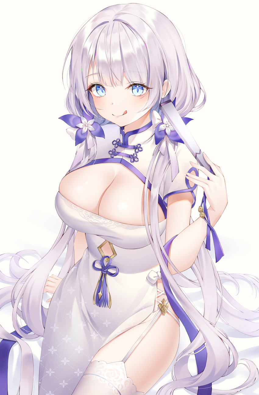 1girl :q azur_lane blue_eyes breasts china_dress chinese_clothes cleavage dress garter_straps highres holding illustrious_(azur_lane) illustrious_(maiden_lily's_radiance)_(azur_lane) large_breasts long_hair looking_at_viewer mellozzo purple_ribbon ribbon short_sleeves side_slit silver_hair simple_background smile solo tassel thighhighs thighs tongue tongue_out very_long_hair white_background white_dress white_legwear