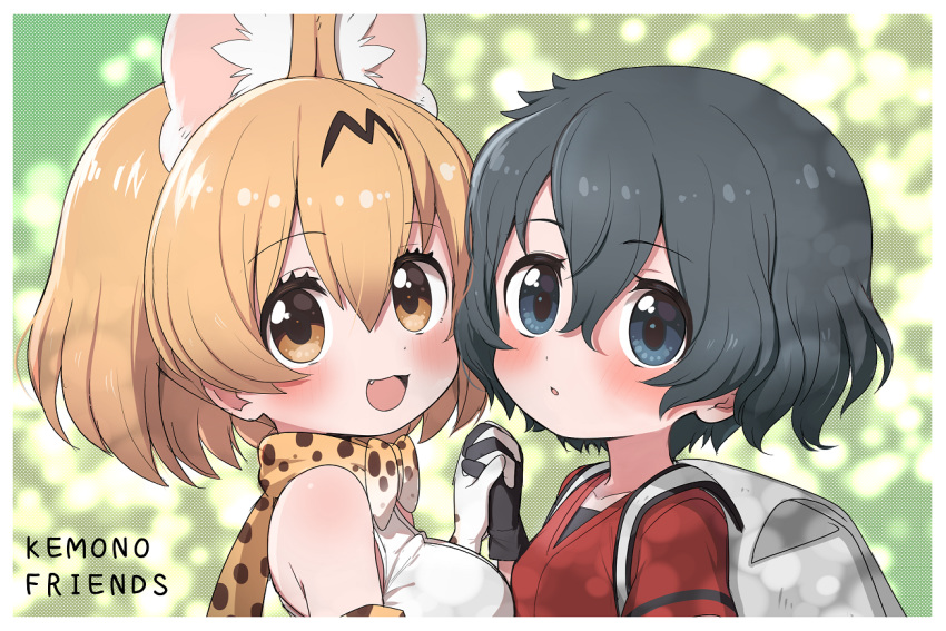 2girls :d animal_ears backpack bag bare_shoulders black_gloves black_hair blonde_hair blue_eyes blush bow bowtie commentary copyright_name elbow_gloves extra_ears eyebrows_visible_through_hair fang gloves holding_hands interlocked_fingers kaban_(kemono_friends) kemono_friends multiple_girls no_hat no_headwear open_mouth print_neckwear ransusan red_shirt serval_(kemono_friends) serval_ears serval_girl serval_print shirt short_hair short_sleeves sleeveless smile t-shirt white_shirt yellow_eyes