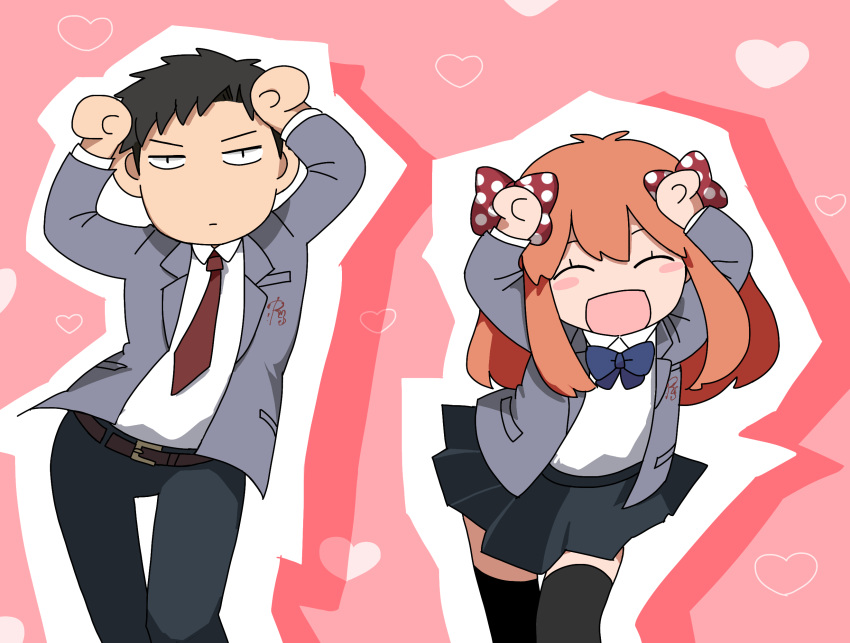 1boy 1girl ^_^ arms_up bakuhu-n_love belt black_eyes black_hair black_legwear black_pants blazer blush_stickers bow caramelldansen closed_eyes dancing gekkan_shoujo_nozaki-kun hair_bow heart heart_background highres jacket necktie nozaki_umetarou open_mouth orange_hair pants pink_background pleated_skirt polka_dot polka_dot_bow rouman_academy_uniform sakura_chiyo skirt smile thighhighs