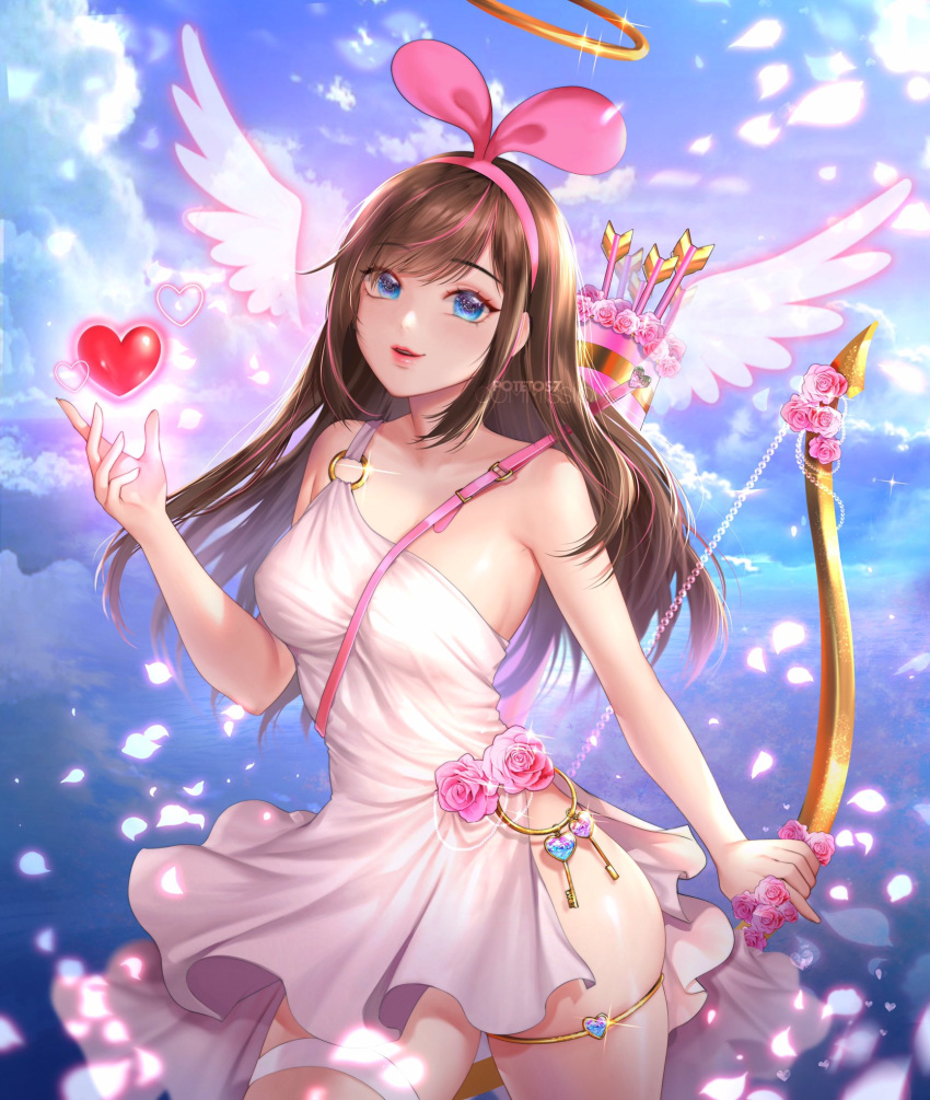 1girl a.i._channel alternate_costume arrow bangs bare_shoulders between_breasts blue_eyes blue_sky bow_(weapon) breasts brown_hair cloud commentary commission cowboy_shot cupid dress english_commentary eyebrows_visible_through_hair flower hairband hand_up heart highres key kizuna_ai long_hair looking_at_viewer medium_breasts o-ring parted_lips petals pink_hairband potetos7 quiver side_slit single_strap sky smile solo strap_between_breasts thighlet weapon white_dress wings